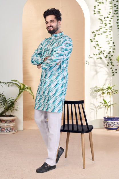 BLUE AND WHITE RAYON DIGITAL PRINT KURTA WITH PAYJAMA SET