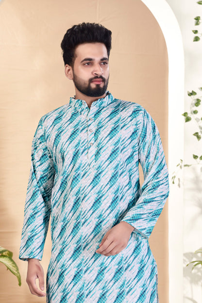 BLUE AND WHITE RAYON DIGITAL PRINT KURTA WITH PAYJAMA SET