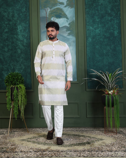 WHITE TEXURED RAYON PRINTED KURTA WITH PAYJAMA SET