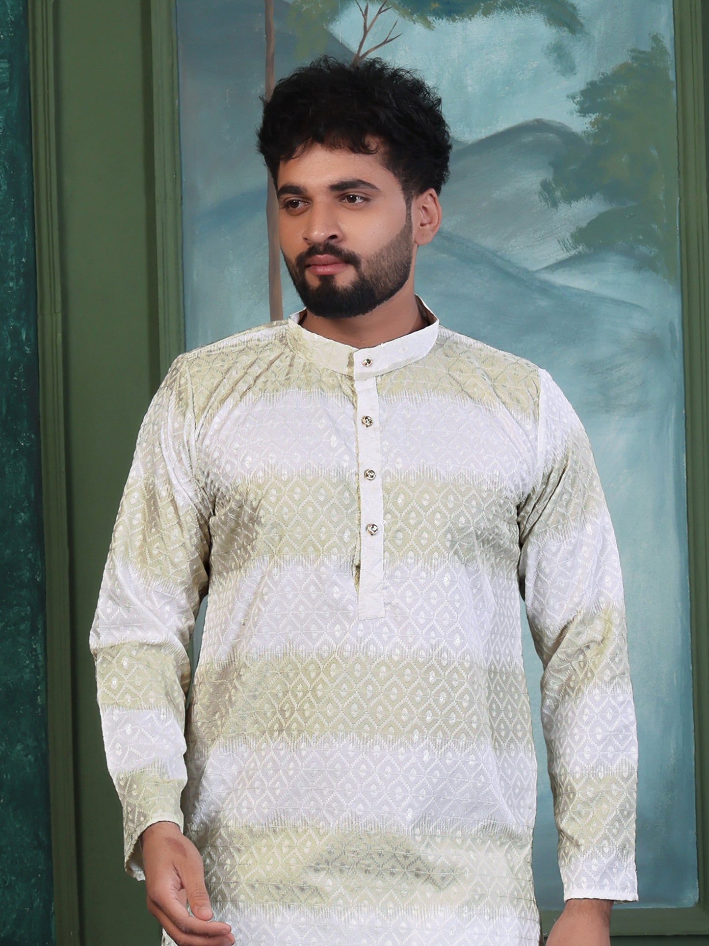 WHITE TEXURED RAYON PRINTED KURTA WITH PAYJAMA SET