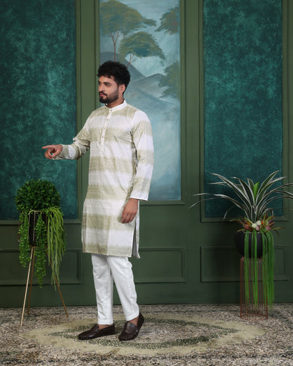 WHITE TEXURED RAYON PRINTED KURTA WITH PAYJAMA SET