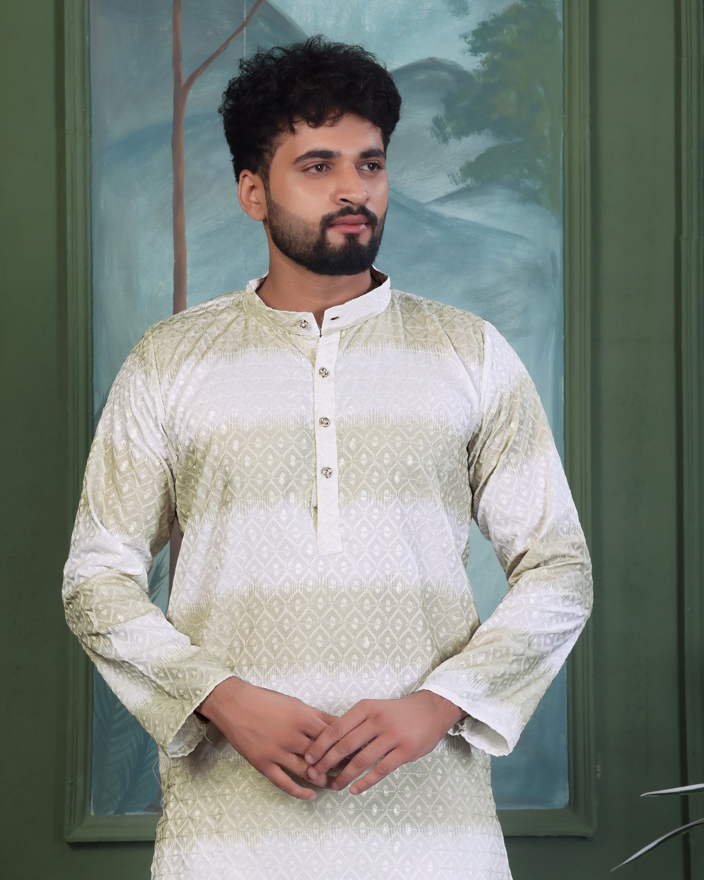 WHITE TEXURED RAYON PRINTED KURTA WITH PAYJAMA SET