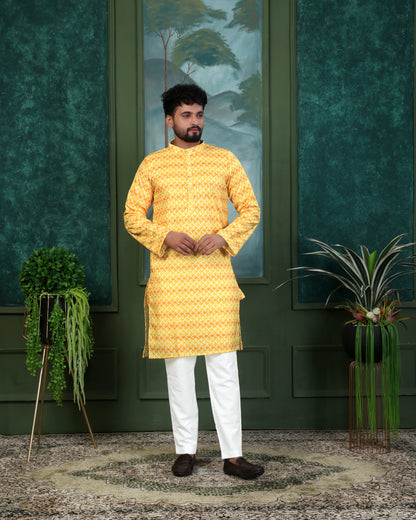 RAYON YELLOW AND GOLD DIJITAL PRINTE KURTA WITH PAYJAMA SET