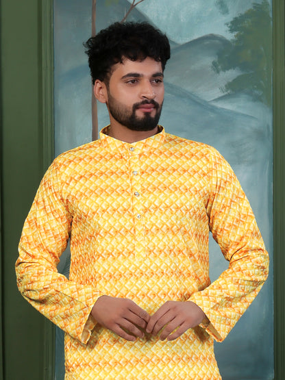 RAYON YELLOW AND GOLD DIJITAL PRINTE KURTA WITH PAYJAMA SET