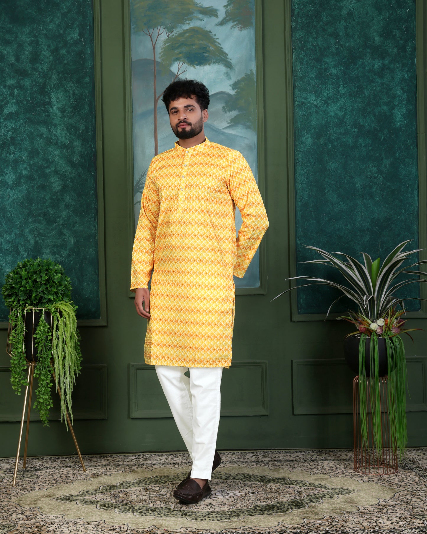 RAYON YELLOW AND GOLD DIJITAL PRINTE KURTA WITH PAYJAMA SET